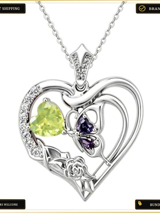 Jewelry - 18K White Gold Plated Heart Pendant Necklace with Butterfly Rose Crystal